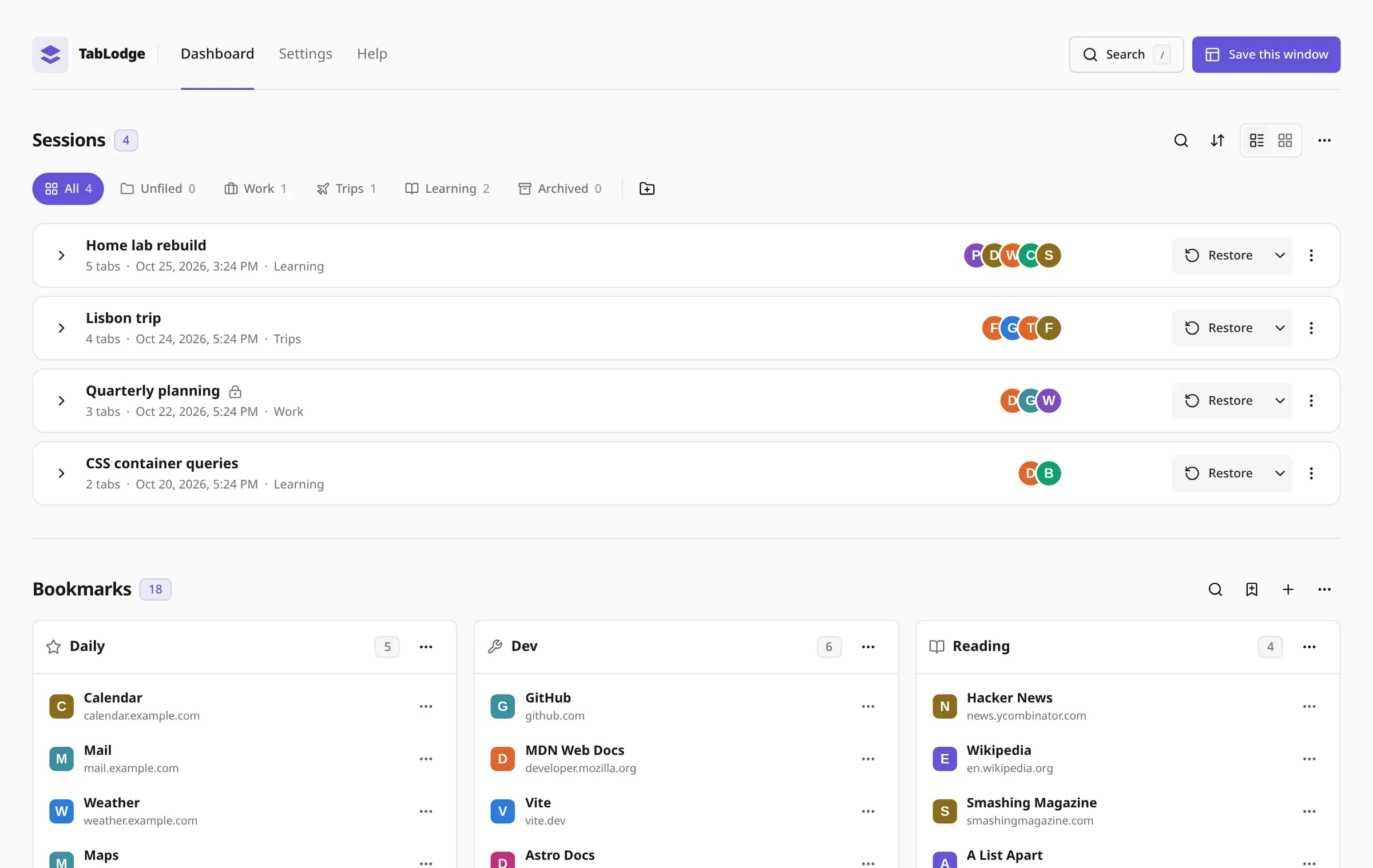 TabLodge dashboard with saved tab sessions above a board of bookmark columns